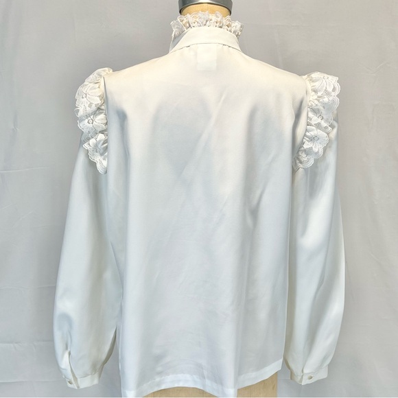 VINTAGE lace ruffle fancy blouse button down Victorian high neck ribbon bow 80s - Picture 8 of 14
